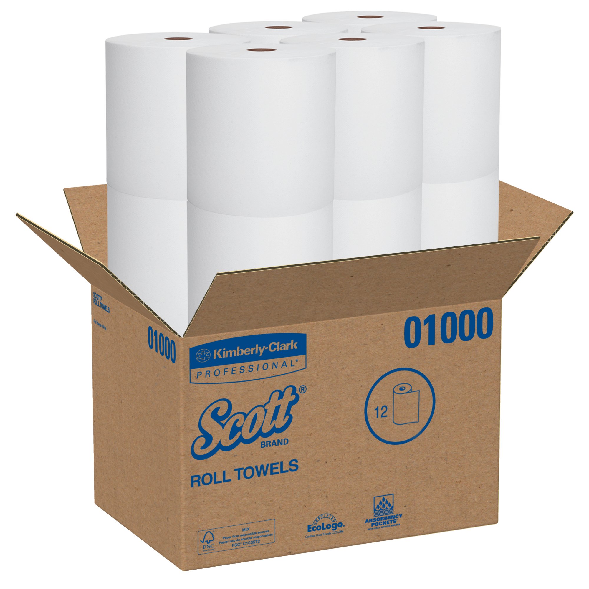 Scott Essential High Capacity Hard Roll Paper Towels (01000), White, 12 Paper Towel Rolls / Case, 1,000' / Roll, 12,000' / Case