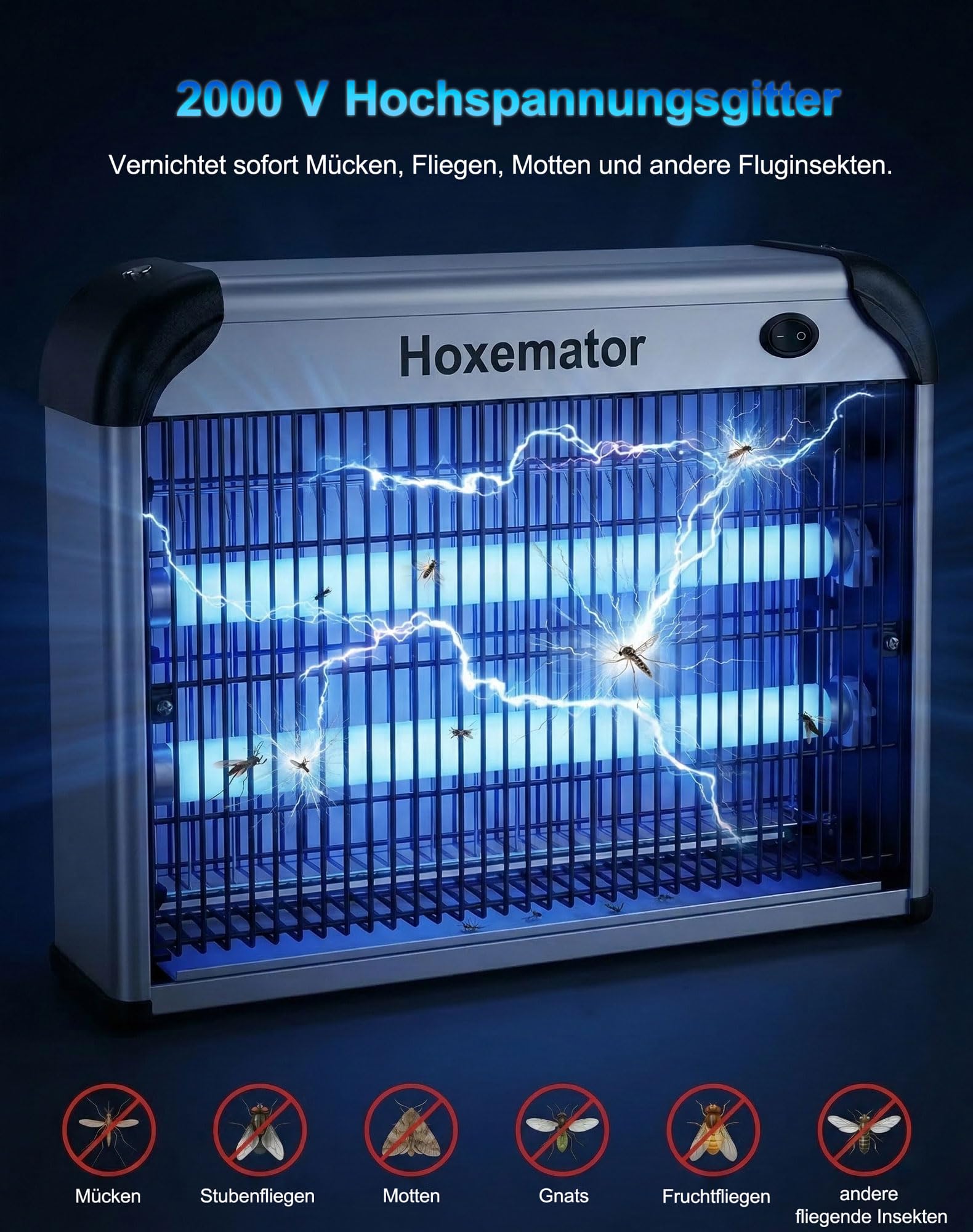 Hoxemator Elektrischer Insektenvernichter 20W LED Mückenlampe mit 2000V Hochspannung & Dual-UV-Licht Mückenfalle, Chemiefreie Fliegenfalle Lampe für 100m² Mückenschutz für Innen, Küche, Schlafzimmer 2