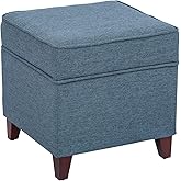 Adeco 17" Square Ottoman with Storage, Small Blue Storage Ottoman Foot Rest with Hinged Lid & Solid Wood Legs, Linen Fabric Foot Stool for Living Room & Bedroom, Seasonal Home Refresh & Gifting