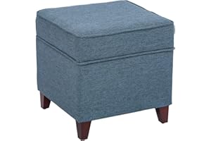 Adeco 17" Square Ottoman with Storage, Small Blue Storage Ottoman Foot Rest with Hinged Lid & Solid Wood Legs, Linen Fabric Foot Stool for Living Room & Bedroom, Seasonal Home Refresh & Gifting