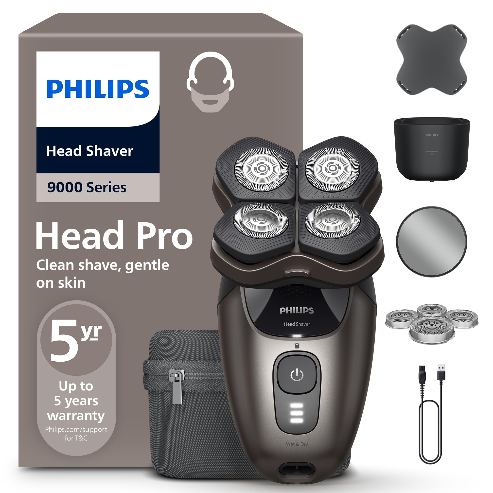 PHILIPS Head Shaver Pro Series 9000 – Glatzenrasierer für Männer und Frauen, flexibler 360grad-Scherkopf und ComfortCut-Klingen für eine gründliche Rasur, sanft zur Haut, Modell HS9980/15