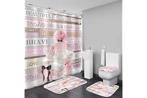 AZHM 4Pcs Shower Curtain Set Pink Fashion Floral Bathroom Decor Inspirational Quotes Bathroom Shower Curtain with Rugs and Accessories Girly Perfume Bathroom Set