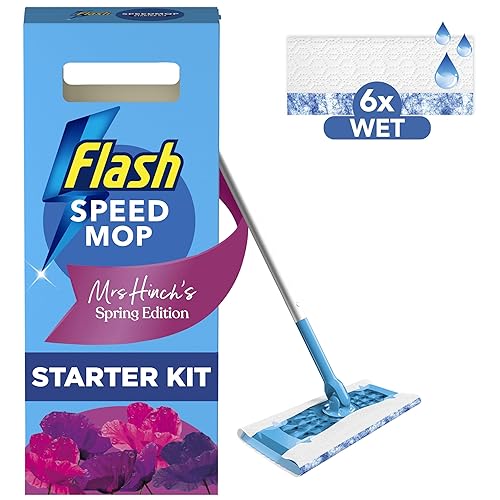 Flash Speedmop Mrs Hinch's Wet Mop Head Floor Cleaner Starter Kit For Cleaning Floors With Scrubbing Action, Includes: 1 Mop, 6 Wet Refills, Enchanted Wildflowers Scent