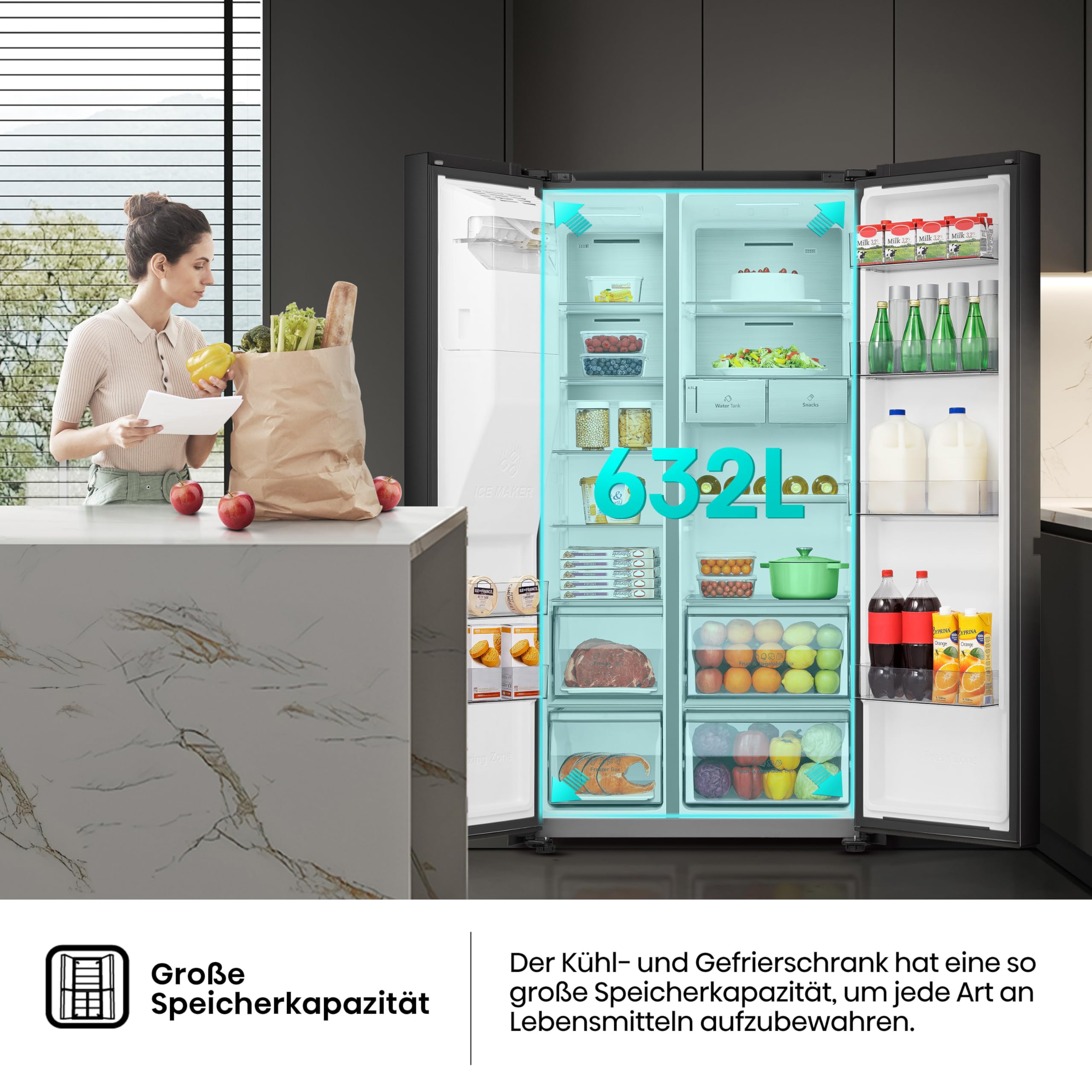 Hisense RS818N4TFC Side by Side – Kühl-Gefrierkombination, EEK C, Eis-Wasserspender, LED Display, Total No Frost, Multi Air Flow, Fast Freeze, schwarz 6