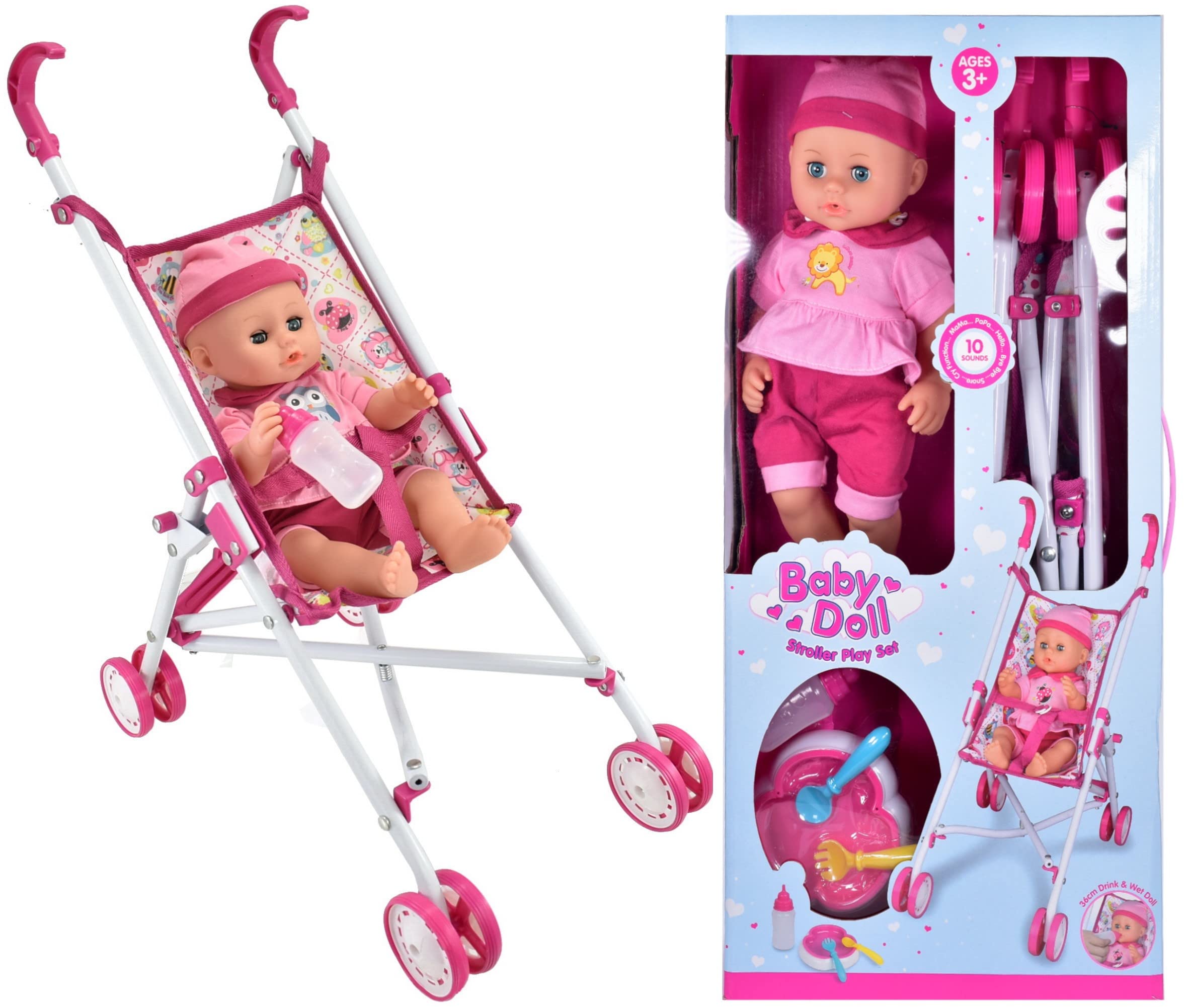 Guilty Gadgets Baby Doll Stroller Pram with Sound and Feed and Wet Play set Kids Children Gift For Christmas