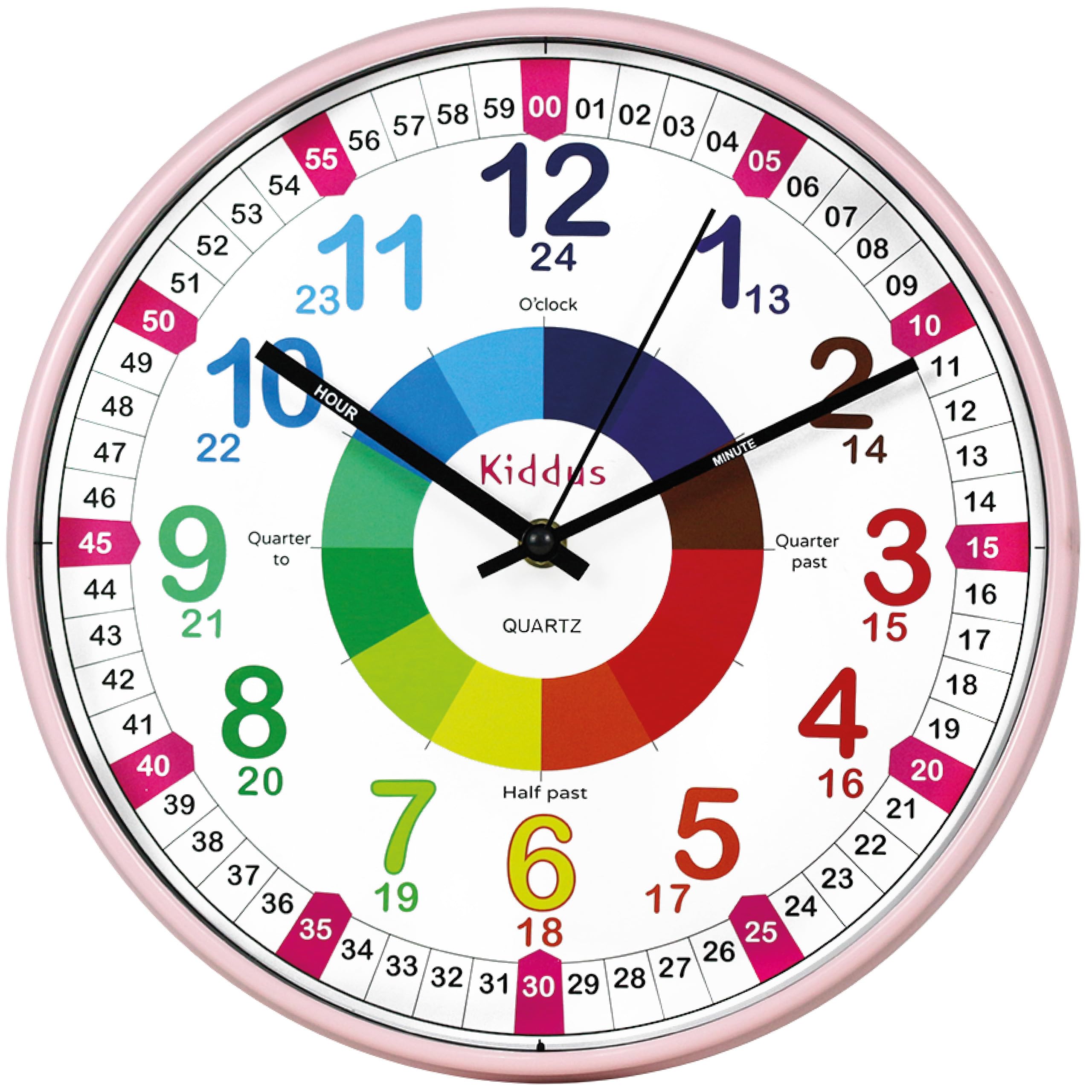 Kiddus Wall Clock for Boys and Girls. Silent Analogue Time Teacher with Exercises. Easy to Read and Learn the Time. 30cm diameter XL Pink