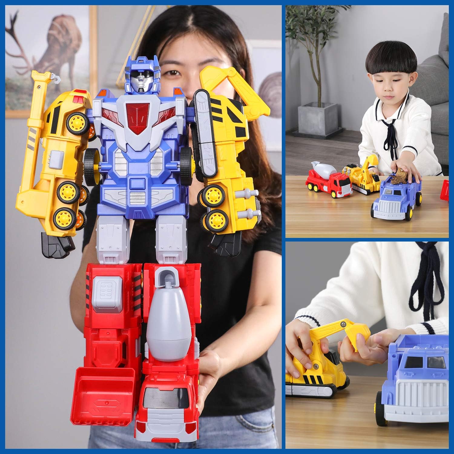SNAEN 5-in-1 Construction Vehicles Transform into Robot Action Figures, Assemble into Giant Pull-Back Truck, for Kids, Boys & Girls: Toys & Games