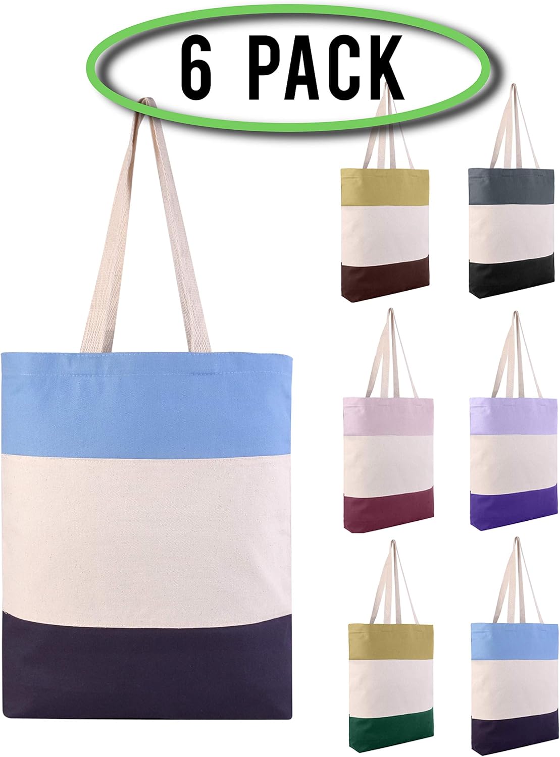 Pack of 6 - Reusable Fancy Durable Tri-Color Canvas Blank Shopping Tote Bags - 12oz. Fabric Sturdy Canvas Plain Tote Bags in Bulk - 15"W x 15"H x 3"D Bottom Gusset (Mix-Assorted)