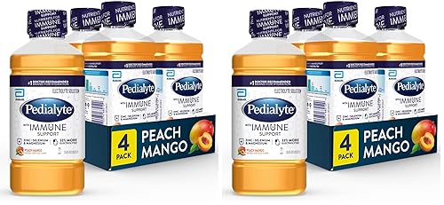 Pedialyte with Immune Support, Peach Mango, 4 Count, Electrolyte Hydration Drink, with Zinc, Selenium, and Magnesium, 1 Liter (Pack of 2)