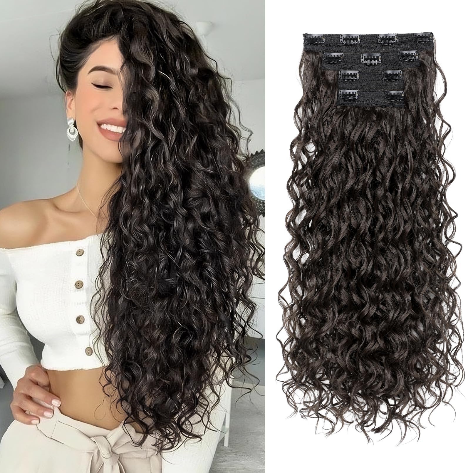 Photo 1 of REECHO Curly Hair Extensions, 4PCS 24 inch Clip in Hair Extensions Lace Weft Short Curly Hair Extension Clip Ins Invisible Natural Hairpieces for Women, Off Black