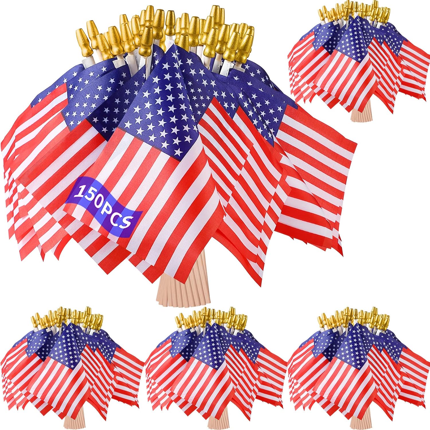 Flags - Zoblise Small American Flags on Stick: 150 Pcs 4x6 Inches Small US Flags Bulk Wooden Stick Handheld, Mini American Flags for Outside, 4th of July Flags, Memorial Day, Independence Day Patriotic Decoration