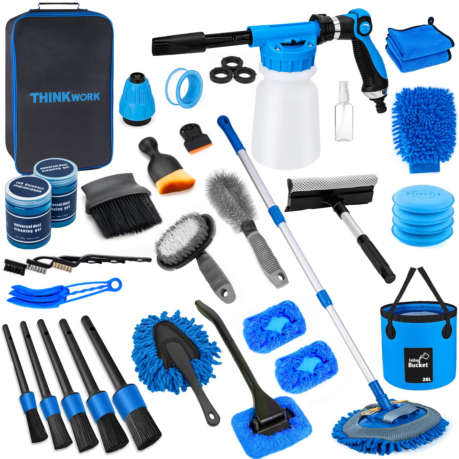 Photo 1 of THINKWORK Car Wash Kit, Car Detailing Kit with Foam Gun, Car Wash Brush Mop and Large Folding Bucket Suitable for Car Cleaning, Blue Car Wash Set Gift for Men and Women