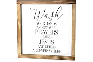 MAINEVENT Wash Your Hands and Say Your Prayers Sign 12x12 Inch, Wall Bathroom Sign with Quotes, Jesus and Germs Sign, Cute Bathroom Sign Decor Farmhouse, Rustic Wash Your Hands Sign Bathroom Decor