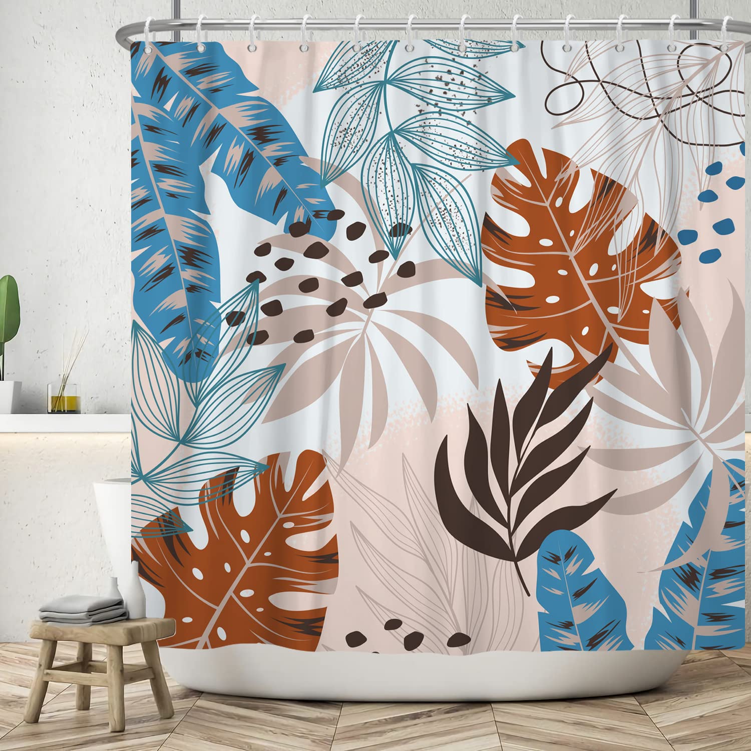 Bovlleetd 71x79inch Abstract Plant Bathroom Curtain Waterproof Boho Botanical Shower Curtain Watercolor Mid-Century Tropical Plant Shower Curtains Washable Bathtub Curtain — image 1