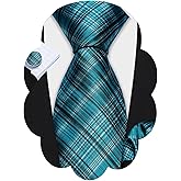 Barry.Wang Designer Classic Ties for Men Set Formal Pocket Square Cufflink Check Plaid