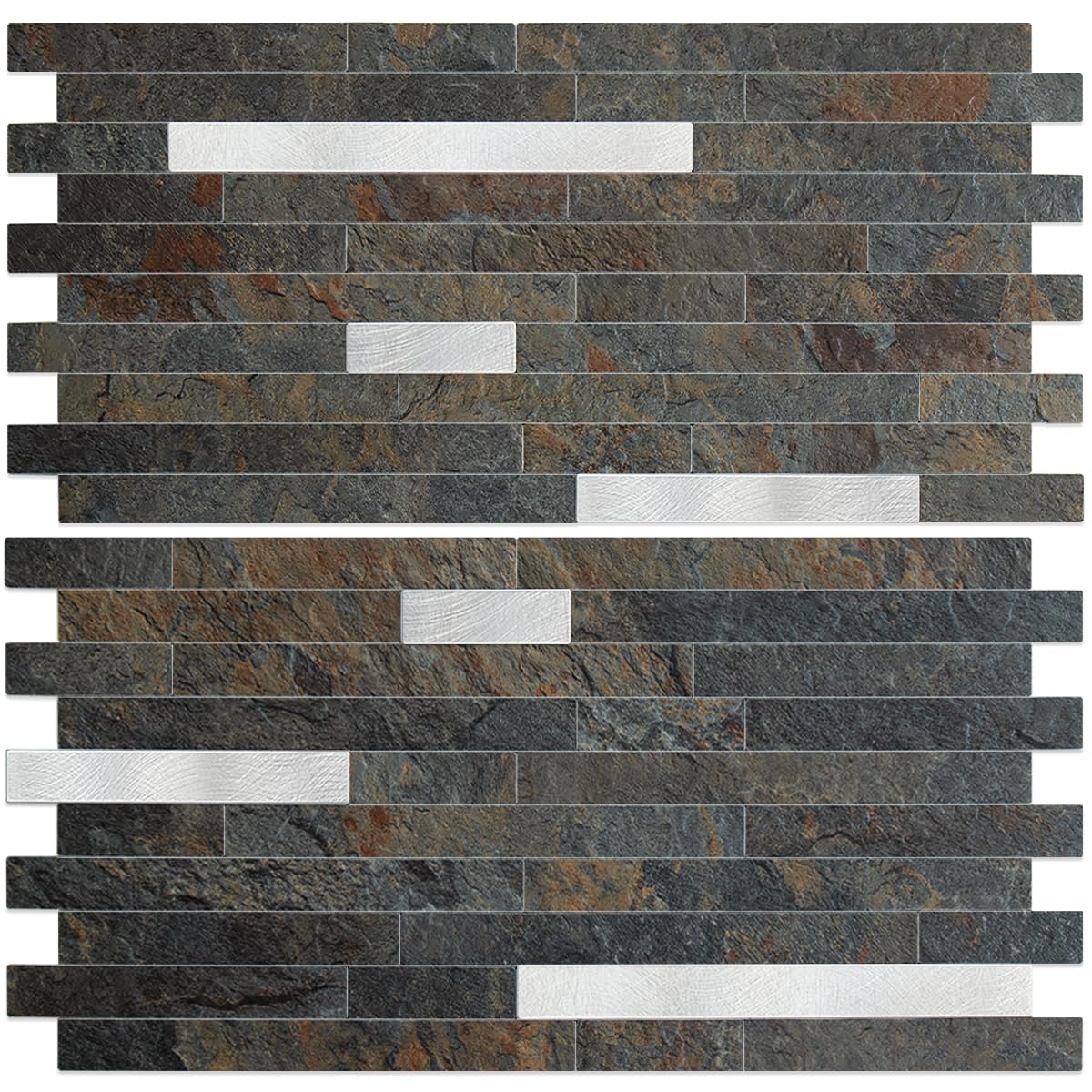 AULIGET 20 Sheets Rust Slate Peel and Stick Backsplash, PVC Mixed Metal Silver Wall Tile Stick on Backsplash for Kitchen and Bathroom Image
