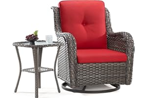 MeetLeisure Outdoor Swivel Rocker Patio Chair and Matching Side Table - 2-Piece Wicker Patio Bistro Set with Premium Fabric Cushions (Mixed Grey/Red)