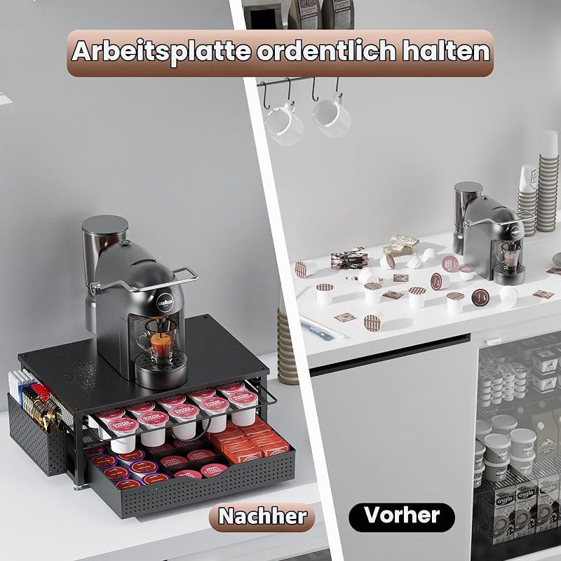 Kaffee Kapselhalter, 2-Tier K Cup Halter mit 2-stufiger Schublade und 1 Hängekorb für 51 große oder 73 kleine Kapseln, K Cup Kaffeestation, Organizer, Zubehör für Theke, Büro, Küche (Schwarz)
