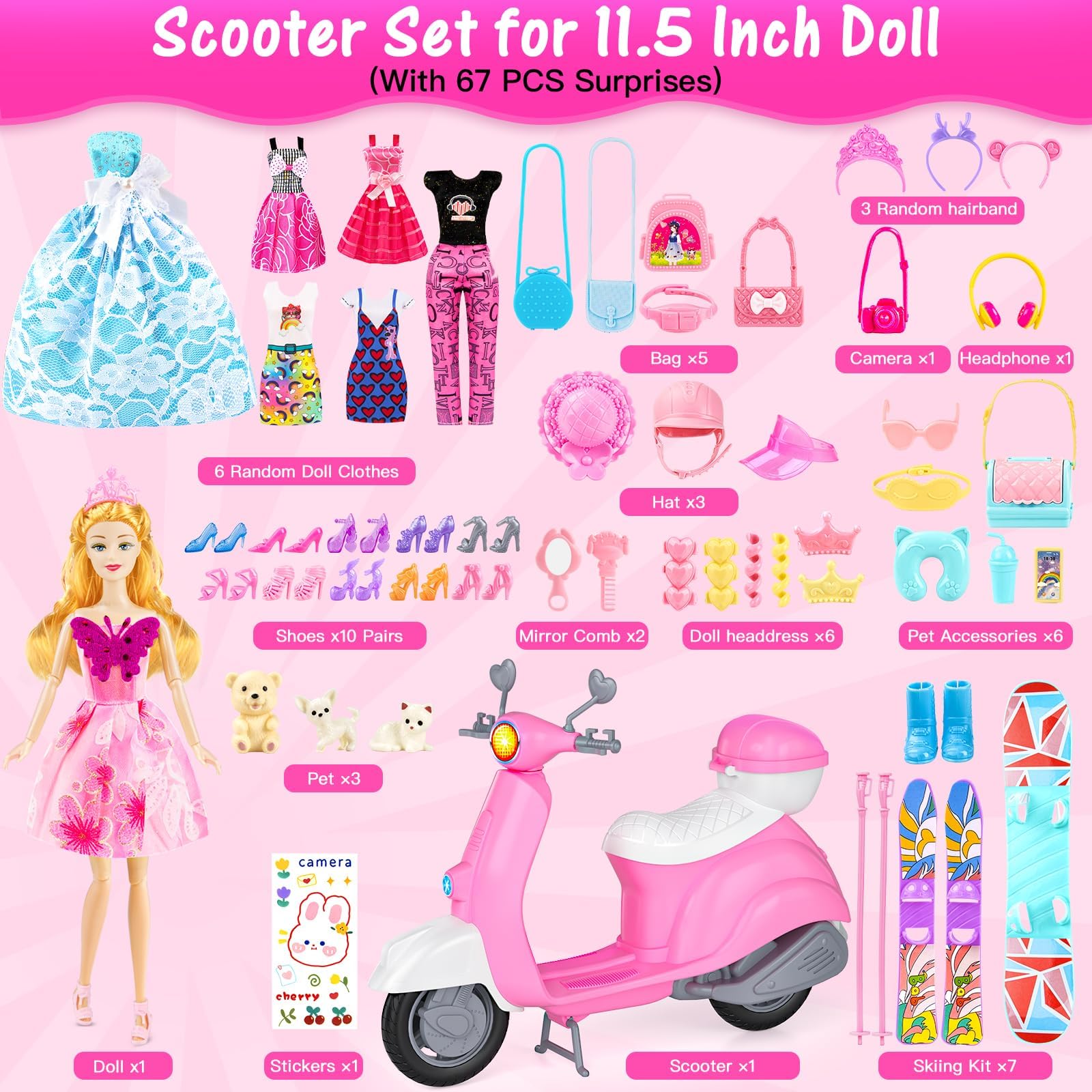 Glisiol 67Pcs Doll Clothes and Accessories with Doll, Motorcycle Scooter Set, Skiing Kit, Pet Set, 10 Shoes, 6 Outfits (Dress/Pants/Casual), Doll Playset Dress Up Toys for Girls Kids Toy Gifts