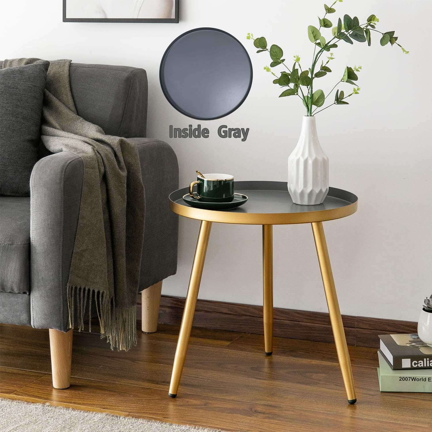 Round Side Table, Metal End Table, Nightstand/Small Tables for Living Room, Accent Tables, Side Table for Small Spaces,Gold & Gray by Aojezor: Kitchen & Dining