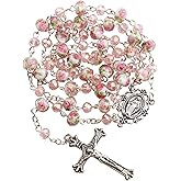 HELLOWIN Pink Murano Glass and Crystal Rose Beads Catholic Rosary Necklace for Women with Virgin Mary PU Leather Bag