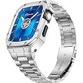 HASLFM Stainless Steel Watch Band and Case Compatible with Apple Watch Series 9/8/7(45mm),Adjustable Metal Strap and Rugged Protector Cover for iWatch Men,Silver