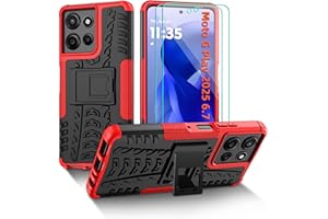 PILARU for Moto G Play 2025 Case with Kickstand and 2 Pack HD Screen Protector [Military Grade Shockproof] Heavy Duty Robust Bumper Cover for Motorola G Play 2025 /Paly 5g 2025/power 5g 2025 Phone Case,Red