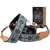 Padwa Lifestyle Mystic Blue Camera Strap - Double Layer Cowhide Ends,2" Pure Cotton Embroidered Woven Camera Straps,Universal Neck&Shoulder Strap Adjustable for All DSLR Cameras,Gift for Photographers