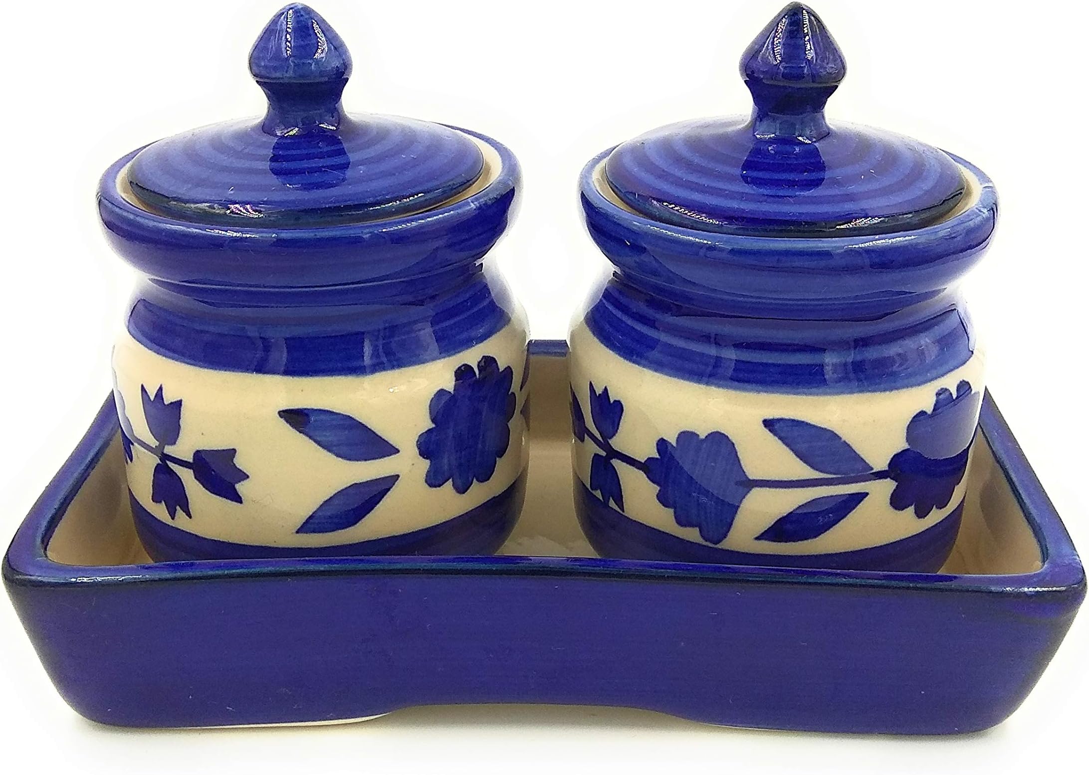 Kraftyhome Hand-Painted Ceramic Dining Table Top Pickle Jar Set Cum Kitchen Spice & Chutney Container Set -Blue