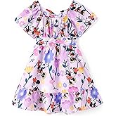 Disney Minnie Mouse Girls Tie Back Dress Purple Floral Print Tween Kids Off Shoulder/Short Sleeve Smocked Cinched Waist Outfit Clothes Size 9-10