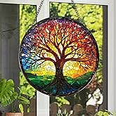 Rngmsi Tree of Life Sun Catchers Stain Glass Window Hanging Indoor, 7.8″ Stained Glass Window Hanging Home Decor, Suncatcher Wall Art Gift for Women Thanksgiving Christmas Housewarming