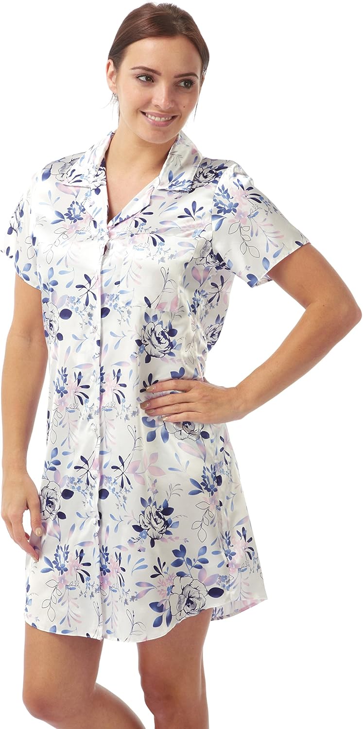 Ladies Button Front Satin Night Shirt Blue Floral Sizes 10 22