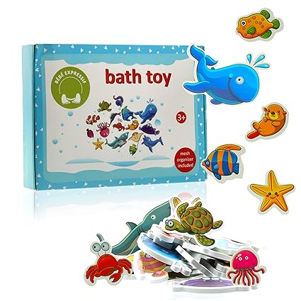 Bebe Expressif Foam Bath Toys 30 Piece Sea Animals Educational For Toddlers Boys Girls Toy Organizer Included Stick To Bathtub And Wall Float On