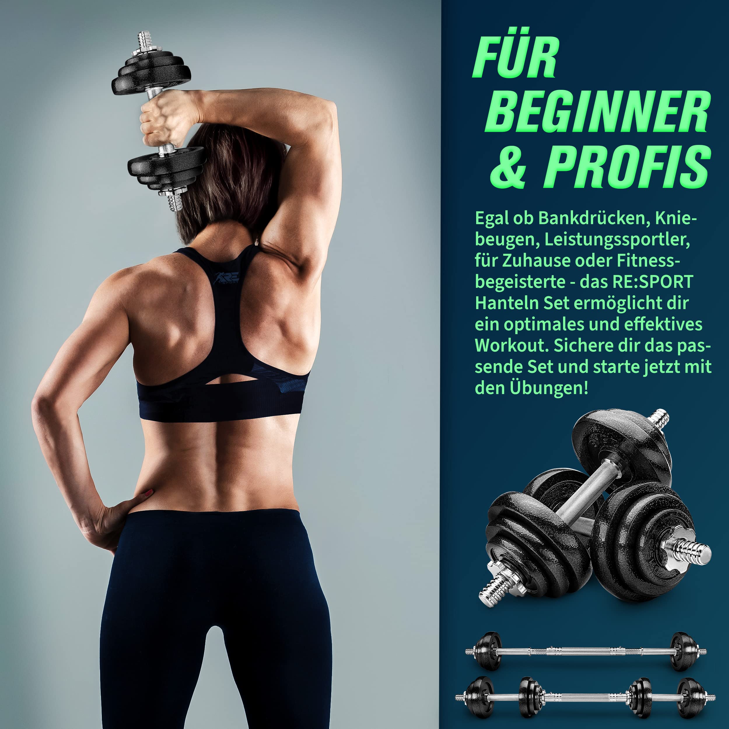 RE:SPORT 2 in 1 Hanteln Set 30kg | Hantelset Gusseisen verstellbar | Kurzhantel & Langhantel | Sternverschlüsse & Verbindungsrohr 7