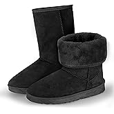 TeqHome Winter Snow Boots for Women, Classic Waterproof Womens Snow Boots with Faux Suede, Warm Comfortable Mid-Calf Fur Boot Outdoor(Black)