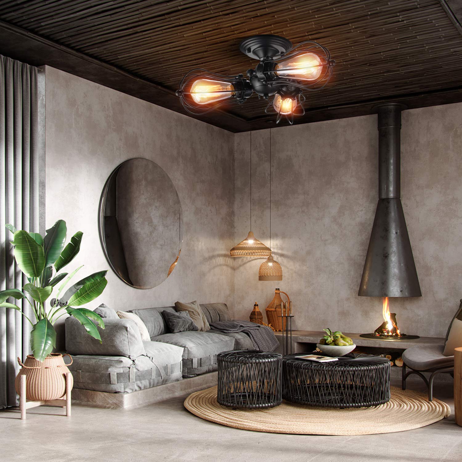 Vintage Wire Cage Semi Flush Mount Ceiling 3 Light Licperron Industrial Black Metal Caged Ceiling Light Fixture Lighting Ceiling Fans Tools Home Improvement Rbafamilylaw Com