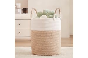 MOJOSCEND Boho Woven Rope Hamper Laundry Basket for Clothes Baby Nursery Hamper Bin Rope Blanket Basket for Living Room Bedroom Large brown
