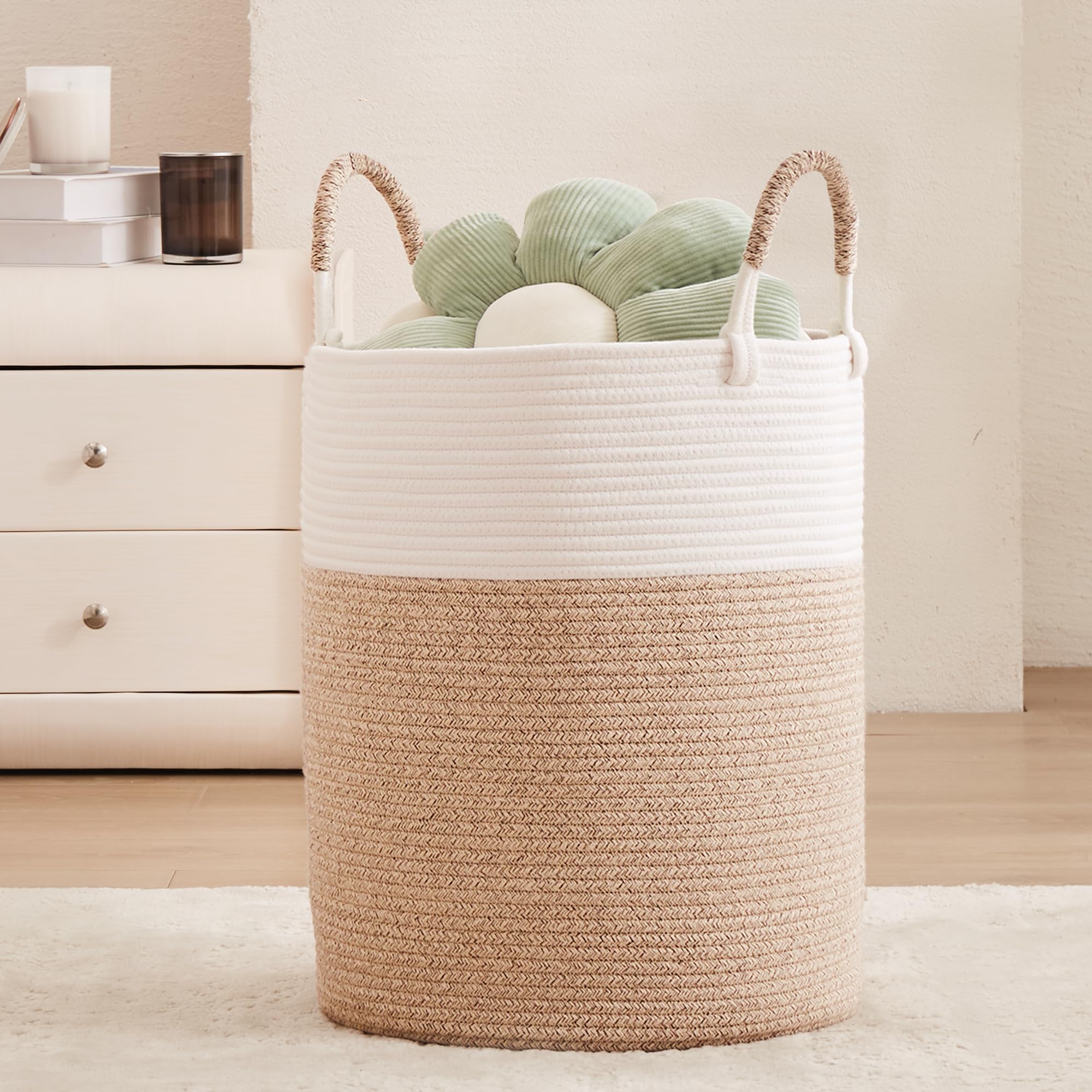 Photo 1 of MOJOSCEND Boho Woven Rope Hamper Laundry Basket for Clothes Baby Nursery Hamper Bin Rope Blanket Basket for Living Room Bedroom Large brown