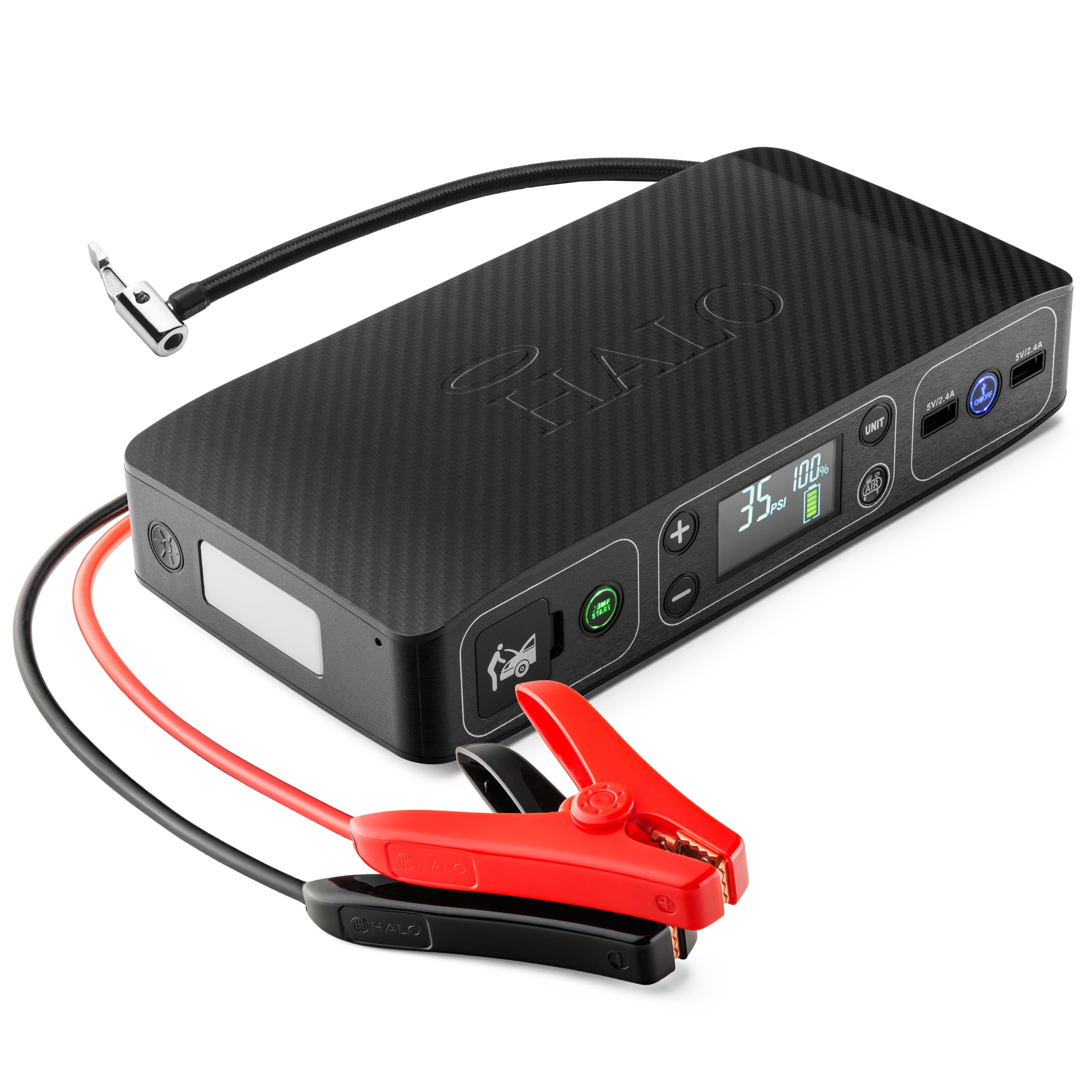 Photo 1 of HALO Bolt Air 58830 Portable Car Battery Jump Starter | 100 PSI Air Compressor, 58.8Wh USB Power Bank, Emergency Floodlight & Charger, Jumps Cars SUVs & Trucks, Inflates Tires, TSA Approved — Black