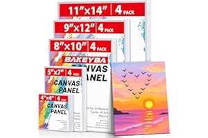 BAKEYBA Canvas Boards for Painting 20 Pack, 4 of Each 4x4, 5x7, 8x10, 9x12,11x14 Primed White Art Canvas Panels for Acrylic, Oil Paint, Watercolor