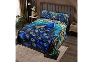 HOMEWISH Peacock Kids Bedspread Queen Size,Peacock Feather Jungle Animal Floral Coverlet Set,Girls Boys Room Decor,Artwork Geometric Abstract Quilted Coverlet,Blue Vintage Bedding Quilt,2 Pillowcases