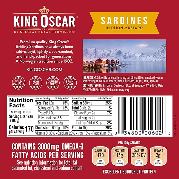 KING OSCAR PREMIUM SARDINES IN DIJON MUSTARD, 3.75 OUNCE CANS (PACK OF 1), WILD CAUGHT CANNED SARDINES