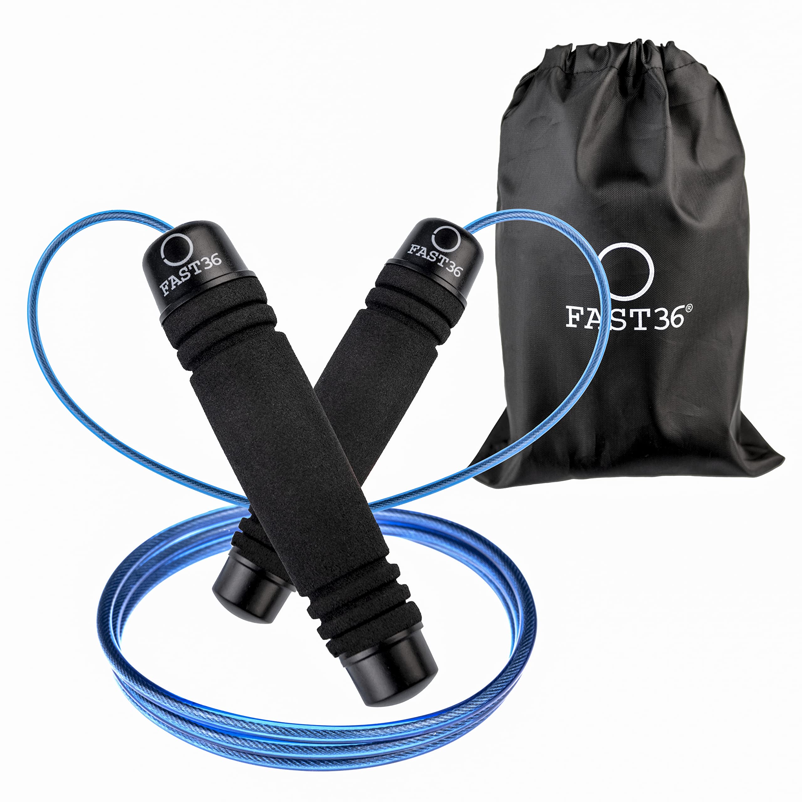 FAST36 - Professional Adjustable Jump Rope | 360° Ball Bearings for Smooth Rotation | Ergonomic Memory Foam Handles | Ideal for Crossfit, Boxing & Gym | Portable Bag, Blue, PVC