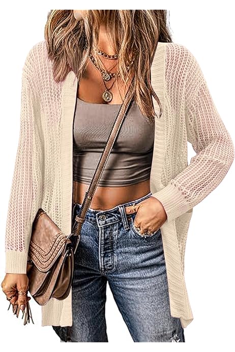 Cardigan Femme GRECERELLE Léger En Maille - Ouverture Avant, Manches Longues, Avec Poches - Parfait Plage, Bureau, Voyage