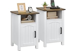 DECOFY Farmhouse Nightstand with Charging Station, Set of 2 End Table with USB/Type-C Ports and Power Outlets, Rustic Bedside Table with Large Storage and Open Shelf, Modern Side Table for Bedroom, White