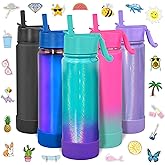 CHILLOUT LIFE 22 oz Kids Insulated Water Bottle for School with Straw Lid Leakproof and Cute Waterproof Stickers, Personalized Stainless Steel Thermos Flask Metal Water Bottle, Mermaid Sparkle