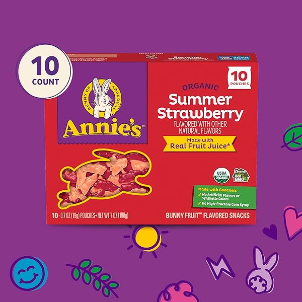 ANNIE’S ORGANIC BUNNY FRUIT FLAVORED SNACKS, SUMMER STRAWBERRY, GLUTEN FREE, 10 POUCHES, 7 OZ