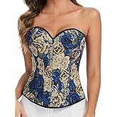 KIWI RATA Women's Sexy Overbust Vintage Denim Corset Floral Pattern Bustier Top Lace Up