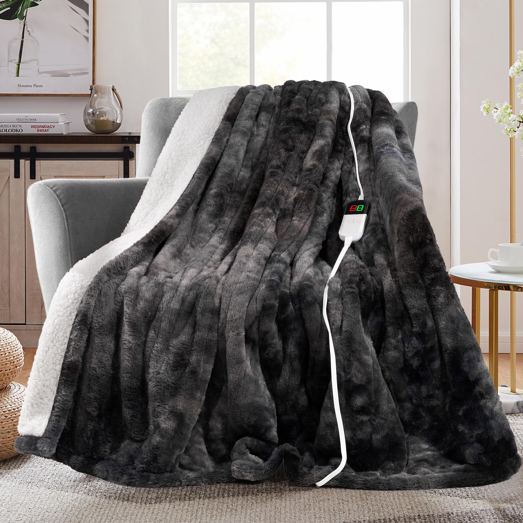 Photo 1 of MAXEVE Electric Heated Throw Faux Rabbit Fur Blanket with 8 Heating Levels & 8 Hours Auto Off, Fast Heating Warm Cozy Sherpa Washable Blanket with Over-Heat Protection, ETL Certification, Grey