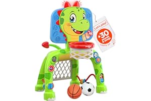 Move2Play, Dinosaur Basketball Hoop & Soccer Goal Activity Center | 30+ Sounds & Songs + 5 Lights | 1 2 3 Year Old for Boys and Girls | Toy & Gift for Baby & Toddlers
